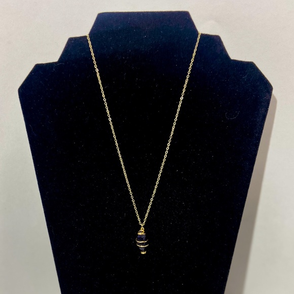 Deep Blue Sandstone Gemstone Pendant Necklace on Gold Chain - Picture 3 of 3